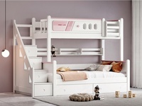 Lit superposé moderne pour enfants avec tiroirs et escalier, en bois écologique blanc et rose pêche, durable pour chambres et appartements