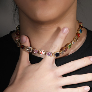Lateefah Hip Hop Link Chain Cobre Colorido Gemstone Multicolor Cruz Diamante Colar - Product Image 2