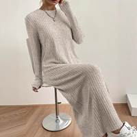 Jupe longue droite en polyester tricoté à col rond décontractée pour femme, style transfrontalier Europe-Amérique, automne/hiver