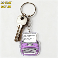 Llavero de acrílico con diseño de máquina de escribir morada, motivacional, para escritores, para llaves, bolsos y mochilas