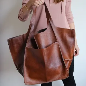 Tas Jinjing Kulit Besar Besar Grosir, Tas Jinjing Slouchy, Tas Tangan Cognac untuk Wanita