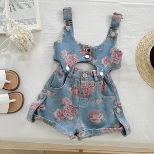 2025 estate nuovo dolce e speziato fiore con cinturino in Denim sottile <span class=keywords><strong>canottiera</strong></span> per bambini graziosa tuta a tre pezzi - Product Image 5
