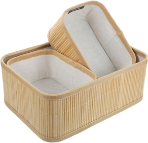 Nouveau design 2026 – Ensemble de paniers de rangement en bambou avec doublure, gain de place pour cosmétiques, organisation de chambre, style asiatique, durable - Product Image 1