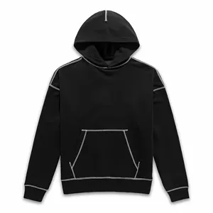 Özel erkek hoodie kontrast dikiş siyah ağır dikiş hoodie hiçbir İpli büyük boy hoodie boş kapüşonlu Sweatshirt