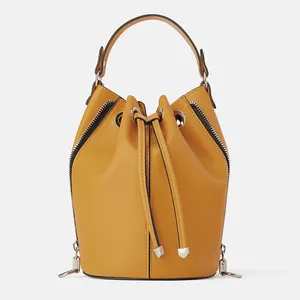 Sac à main en cuir vegan jaune pour femmes, nouvelle collection de fourre-tout à bandoulière avec cordon coulissant, vente en gros