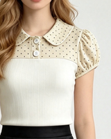 Haut en tricot côtelé à pois avec col Peter Pan pour femme, style rétro, manches courtes bouffantes, coupe courte, chemisier quotidien élégant pour femme