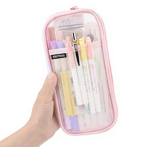 Estuche para lápices con rejilla de malla, cierre de cremallera, tamaño mediano, transparente, multiusos, para viajes, escuela, oficina (rosa) - Product Image 1