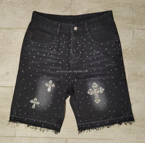 Quần short denim đính kim cương kiểu hip-hop mới năm <span class=keywords><strong>2025</strong></span> của người Mỹ gốc Âu, kiểu dáng thẳng, chất liệu thoáng khí, đính kim cương toàn bộ. - Product Image 6