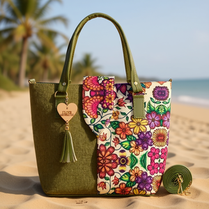 Bolso Tote de Algodón Verde Oliva para Mujer Fana Darcy, con Estampado Floral, Tamaño Mediano, para Playa o Compras, con Bolsillo con Cremallera - Product Image 2