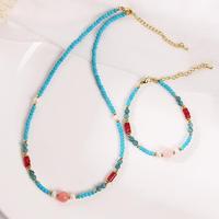 Ensemble collier et bracelet en perles de pierres colorées, turquoise bleue et aventurine rouge, style européen et américain, perles et pierres colorées