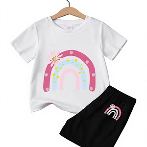Girls Casual 2-Piece Rainbow Print Set Short Sleeve Top Black Shorts Summer Outfit High Quality Medium Stretch Polyester/Cotton - Product Image 1