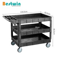 Chariot de service utilitaire à roulettes en plastique robuste à trois niveaux pour entrepôt et garage, capacité de 550 lb, avec roues de 5 pouces