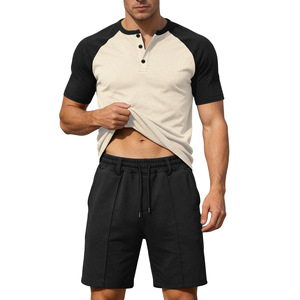 Conjunto de Camiseta de Manga Corta Raglán para Hombre, Color Caqui y Negro, Informal, Deportivo, de Dos Piezas, Tejido, para Verano - Product Image 5