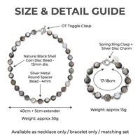 Ensemble collier et bracelet en perles disques coquillage noir naturel, nacre irisée 12mm, entretoise argentée, Dark Luxe, vente en gros OEM
