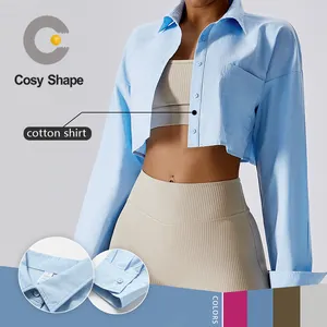 Streetwear Loose Cotton Crop Tops Women Autumn Gym V Neck Long Sleeve Pink Shirts Office Casual Blouses