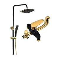 Ensemble de douche mural moderne de luxe avec pommeau de douche pluie apparent, système de robinetterie thermostatique noir et or