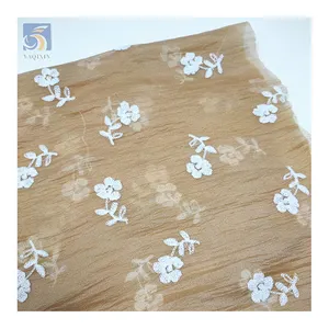 High Quality Skin Tone Polyester Crinkle Pleated Organza Fabric With Cord Embroidery Floral Organza