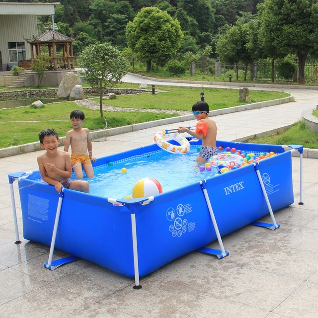 "Inflatable Family Fun Size 220x150x60cm Durable PVC Rectangular Pool W/ Stainless Steel Frame"