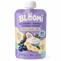 Pochette à bec verseur personnalisée, refermable et réutilisable pour aliments pour bébés, 120g, purée de myrtille, banane et yaourt à la noix de coco