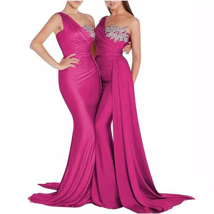 사용자 정의 크기 들러리 원피스 파티 원피스 한 어깨 시니 실버 실 자수 물고기 꼬리 트레일 레이스 쉬폰 긴 원피스 - Product Image 3