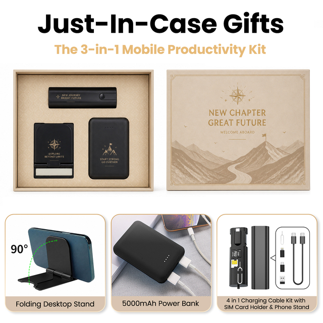 Wholesale 3-in-1 Travel Tech Gift Box 5000mAh Portable Charger Phone Holder Multi-Function Charging Cable Kit Custom Logo Cotton