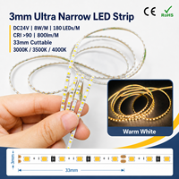 Bande LED super fine de 3 mm, 24 V, flexible, 180 LED/m, haute densité, éclairage sous armoire pour étagères et placards