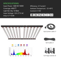 HongYi 1200W + 100W 12Bar LED élèvent la lumière contrôle double canal avec large spectre PPE 2.7umol/J hydroponique spectre complet + FR & UV