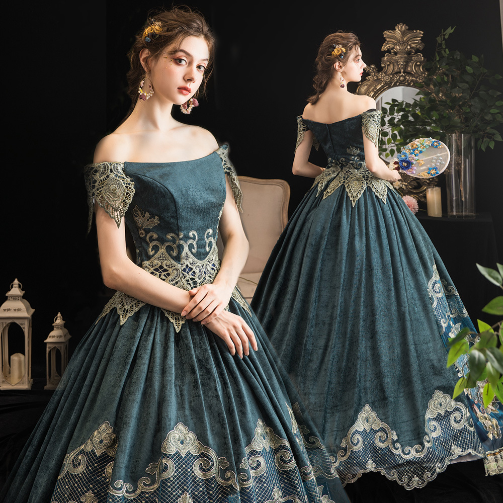 Victorian Floral Printed Medieval Dress - Women's Floor-Length Slash Neck  Ball Gown for Costumes & Halloween Events