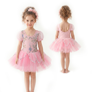 Vestido de Ballet para Niñas con Mangas Abullonadas de Malla y Bordado Floral, Falda de Tul Rosa con Adornos Plateados, Disfraz de Danza para Recital - Product Image 1