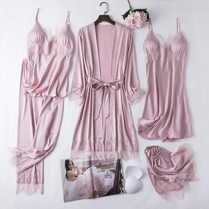 Indumenti <span class=keywords><strong>da</strong></span> <span class=keywords><strong>notte</strong></span> donna manica lunga in raso solido estate all'ingrosso 5 pezzi pigiama set <span class=keywords><strong>camicia</strong></span> <span class=keywords><strong>da</strong></span> <span class=keywords><strong>notte</strong></span> <span class=keywords><strong>da</strong></span> donna - Product Image 1