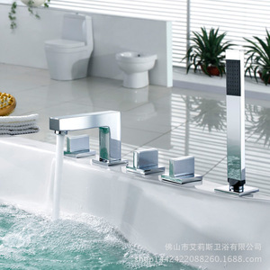 Ensemble de robinetterie 5 pièces pour baignoire, avec 5 poignées, valve en céramique, pommeau de douche massant rectangulaire 28,7 pouces pour baignoire à remous - Product Image 1