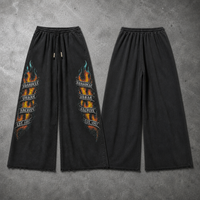 Pantalon de survêtement unisexe en molleton épais noir délavé à l'acide, style vintage streetwear, imprimé flamme numérique, coupe ample