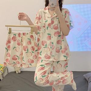 Conjunto de Pijama de Verano <span class=keywords><strong>para</strong></span> Mujer, Estilo Dulce con Estampado de Durazno, Manga Corta y Pantalones Largos, <span class=keywords><strong>Ropa</strong></span> de Dormir de Tres Piezas - Product Image 5