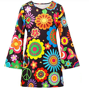 Women's Retro <strong>70s</strong> Cat-Themed Hippie Dress O Neck Flare Sleeve Cotton <strong>Plus</strong> Headscarf Disco <strong>Outfit</strong> 60s Party Cosplay Costume - Product Image 1