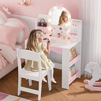Table de maquillage et chaise pour enfants avec miroir lumineux, bureau de coiffure pour tout-petits avec étagère ouverte, mobilier de chambre mignon