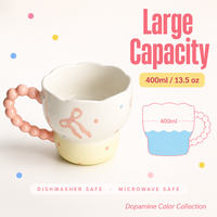 Tasse à café en céramique peinte à la main de 400 ml avec anse perlée rose, bord ondulé, tasse à eau, tasse de petit-déjeuner mignonne, cadeau pour filles
