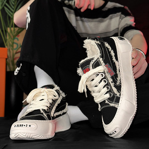 Frayed <b>Edge</b> Canvas Platform Sneakers Thick Non Slip Sole Low Top Lace Up Distressed Streetwear Casual Daily Walking Shoes - Product Image 1