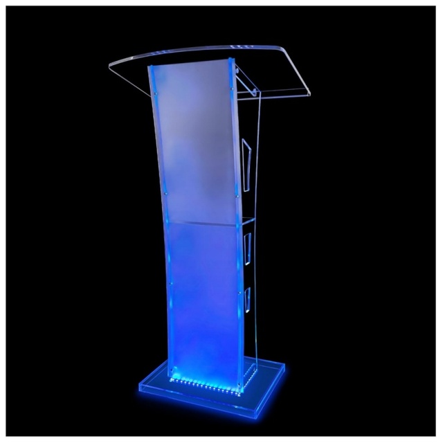 LED Illuminated Acrylic Podium Modern Curved Top Clear Lectern Blue Light for Retail Display Decorative Conference Speech Event