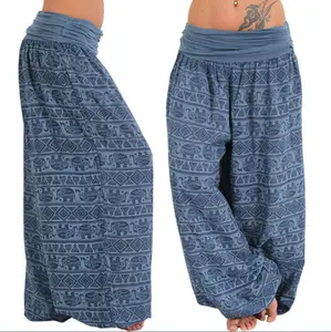 กางเกงฮาเร็มขายาวสำหรับผู้หญิง,กางเกงขายาวลำลองแฟชั่นขากว้างพิมพ์ลายทรงหลวม