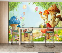 Papier peint pour chambre d'enfant, motif de maison de champignon de conte de fées, dessin animé, ours ludique et ballons colorés, décoration de chambre d'enfant