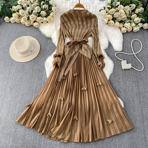 Fashion Women <strong>Clothes</strong> Elegant <strong>Gold</strong> Foil Pleated Dress Ruffle Sleeves Belted Waist Women's Dress Casual Fashion Pleated Dress - Product Image 4