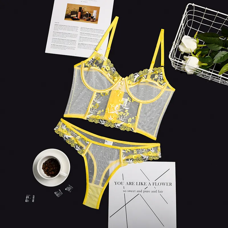 Wholesale hot selling Yellow color European sexy costume transparent bra and panty for young girls