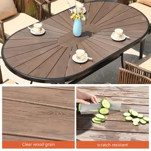 Latest Design Plastic Rattan Chairs Wood Like Garden Table Sets Outdoor Furniture