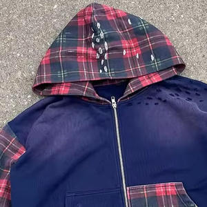 Personnalisé Street Style Plaid Patchwork recadrée lavé soleil délavé en détresse sweat à capuche zippé pour hommes - Product Image 4
