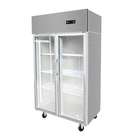 Stainless Steel Exterior Interior Construction Display Refrigerator with 2 Glass Doors Air Cooling