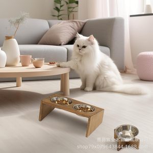 Soporte elevado de madera para comederos de mascotas (gatos y perros) con cuencos de acero inoxidable, estación de alimentación dual, diseño sencillo - Product Image 3