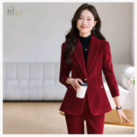 Setelan Bisnis Wanita Mier 2-Piece Double Breasted Solid Woven Bordir Anti-Kusut Blazer Kancing V-neck Lengan Panjang untuk Kantor