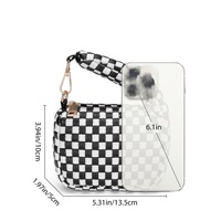 Tas Selempang Kulit PU Motif Kotak-kotak Trendy, Tas Lipstik Mini Anyaman Willow, Dompet Gantungan Kunci Portabel, Tas Clutch Retro
