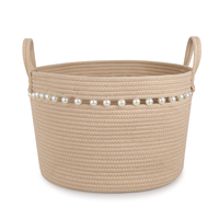 Panier à linge en corde de coton beige avec garniture perlée, double poignée, grande capacité pour l'organisation de la maison, décoration de salon, commande en gros