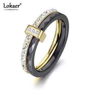 Lokaer 2层黑白陶瓷水晶结婚戒指饰品不锈钢水钻订婚戒指女R18054